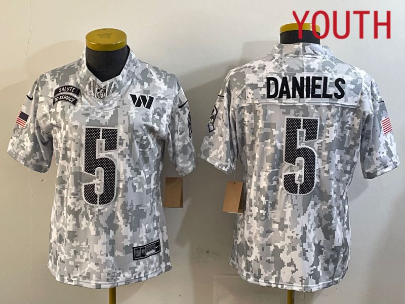 Youth Washington Commanders #5 Daniels Nike Arctic Camo 2024 Salute to Service Limited NFL Jersey